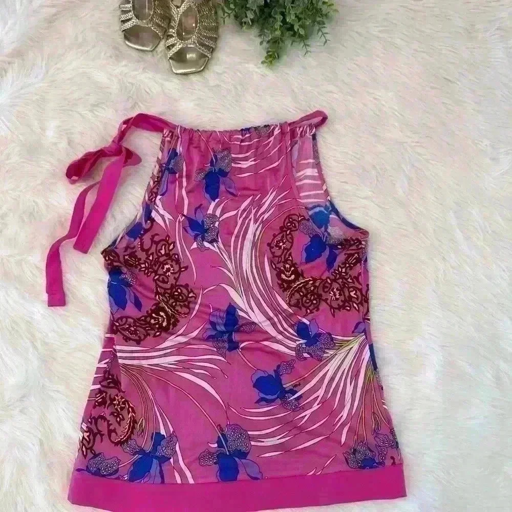 HALÉ BOB SLEEVELESS TANK SILK TIE AT NECK PINK MULTI COLOR SIZE XS - Picture 12 of 14
